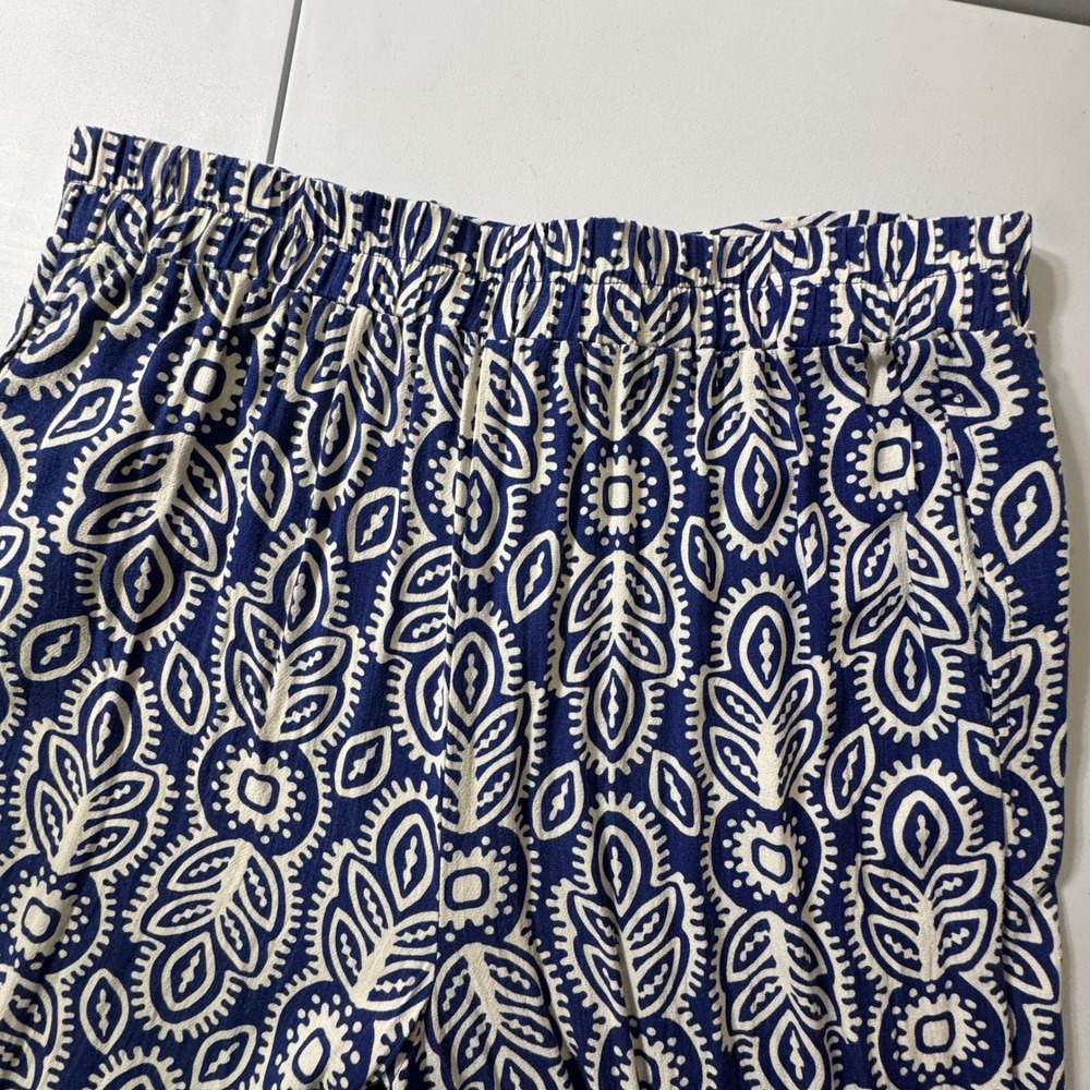 Rose + Olive Resort Blue White Geometric Paisley Wide Leg Palazzo Pants XL - Picture 11 of 16